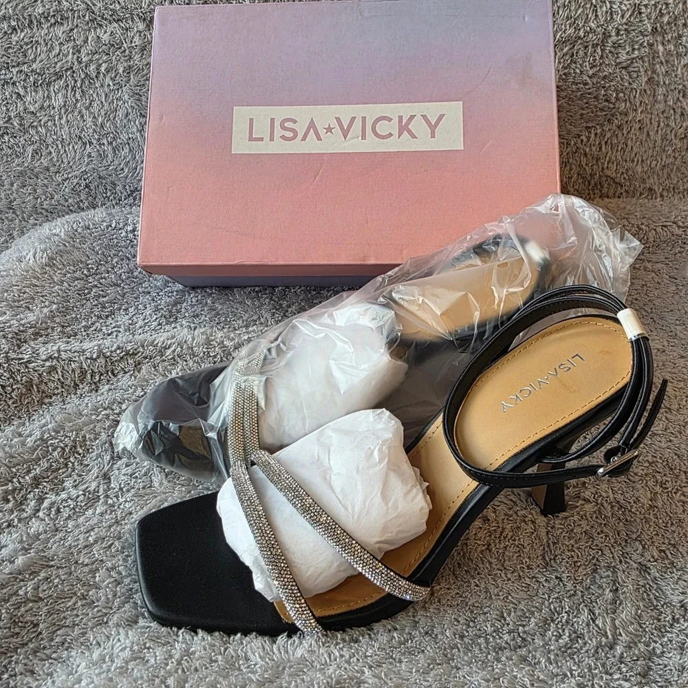 NEW Lisa Vicky Black‎ Rhinestone Strap Heels Sandals Party Evening Shoes Sz 11